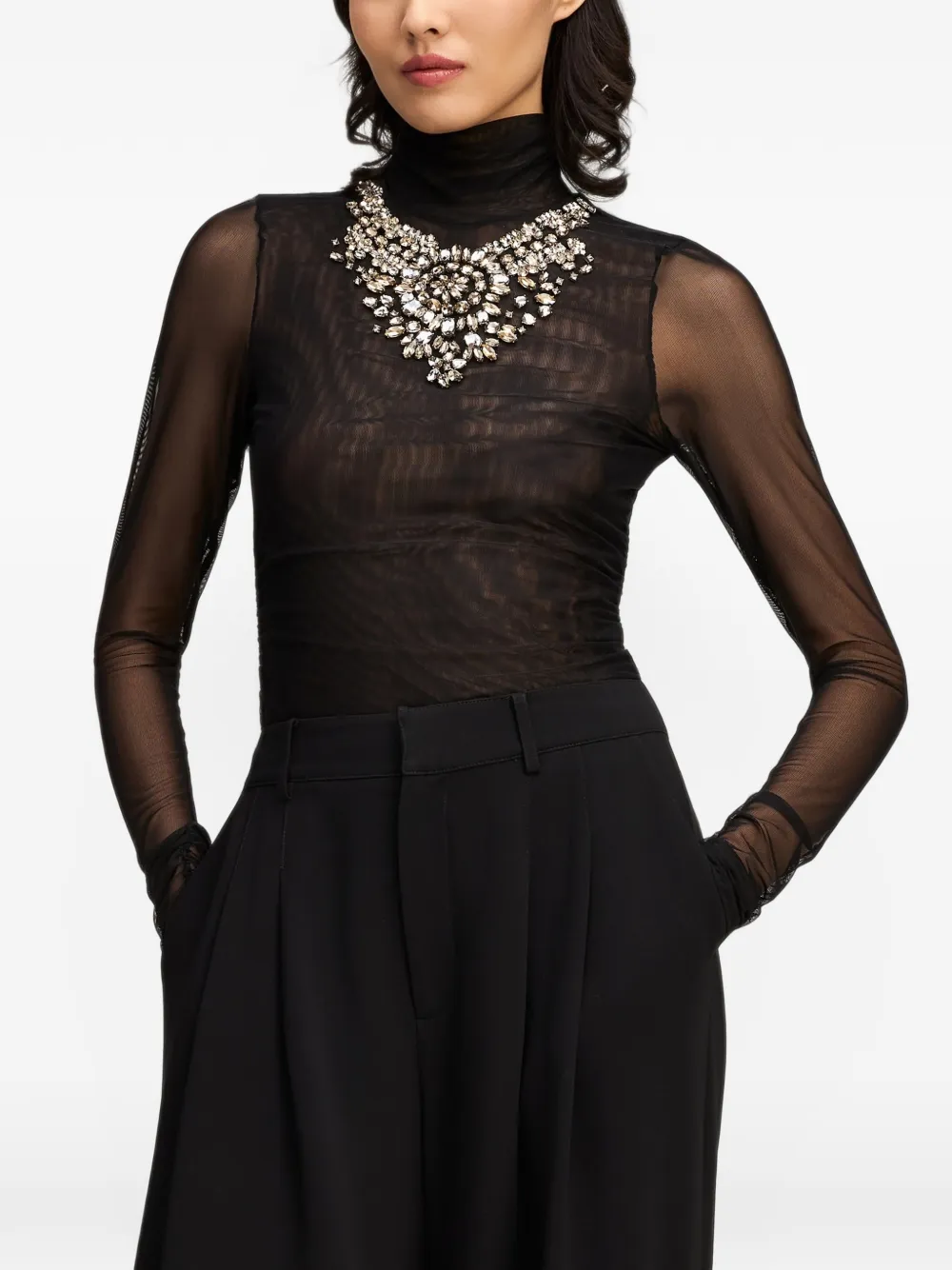 Cinq A Sept crystal-embellished shirred mesh top Zwart