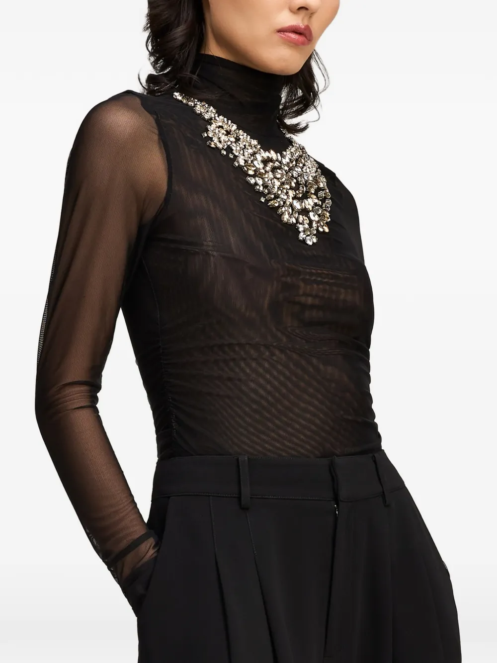 Cinq A Sept crystal-embellished shirred mesh top Zwart