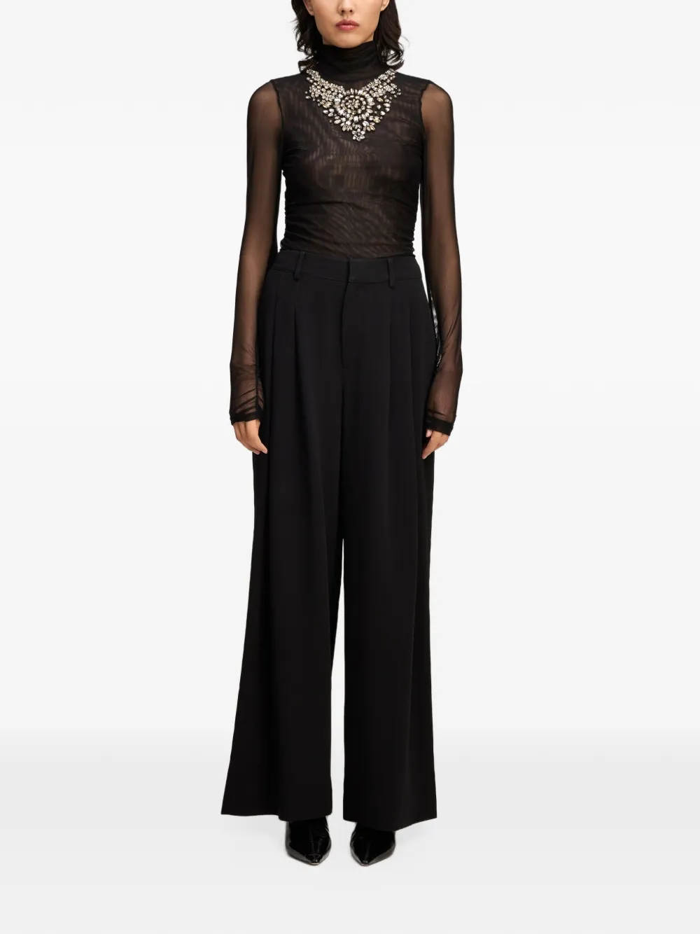 Cinq A Sept crystal-embellished shirred mesh top Zwart