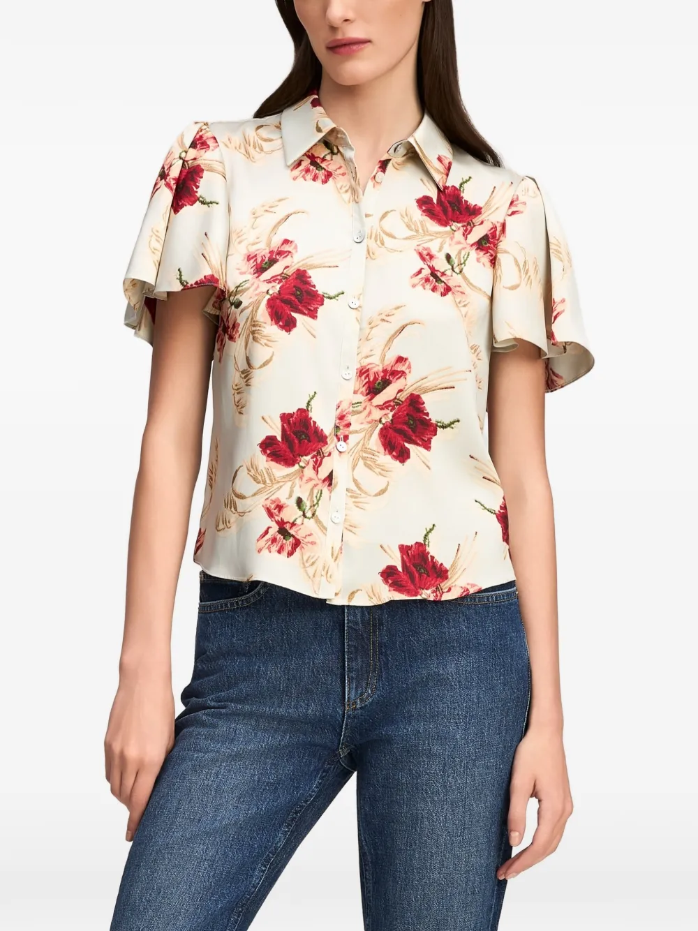 Cinq A Sept Fiona floral-print flutter-sleeve shirt Blauw