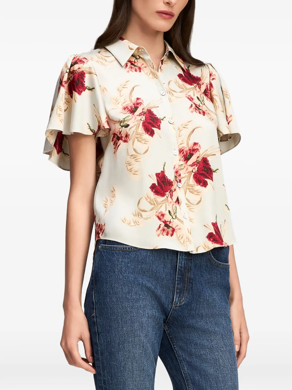 Cinq A Sept Fiona floral-print flutter-sleeve shirt Blauw