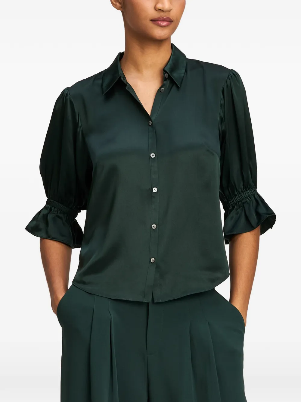 Cinq A Sept Fiona ruffled-sleeve silk shirt Groen