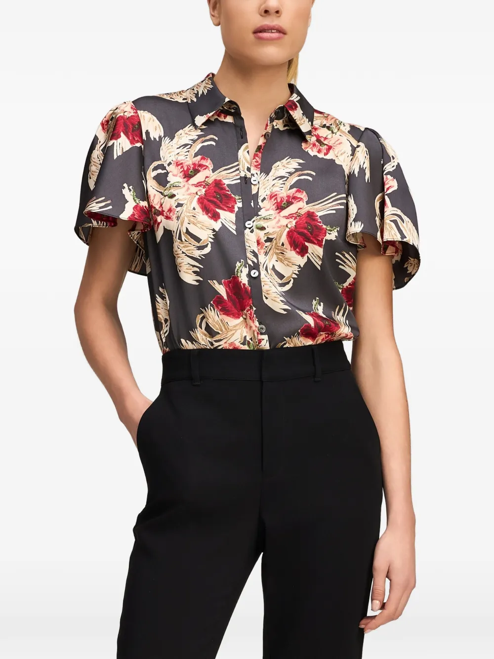 Cinq A Sept Fiona floral-print flutter-sleeve shirt Zwart