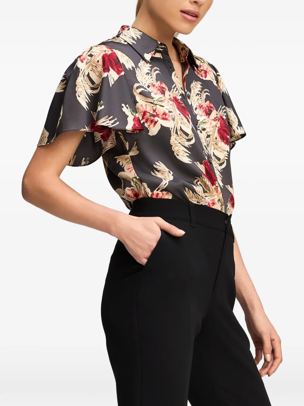 Cinq A Sept Fiona floral-print flutter-sleeve shirt Zwart