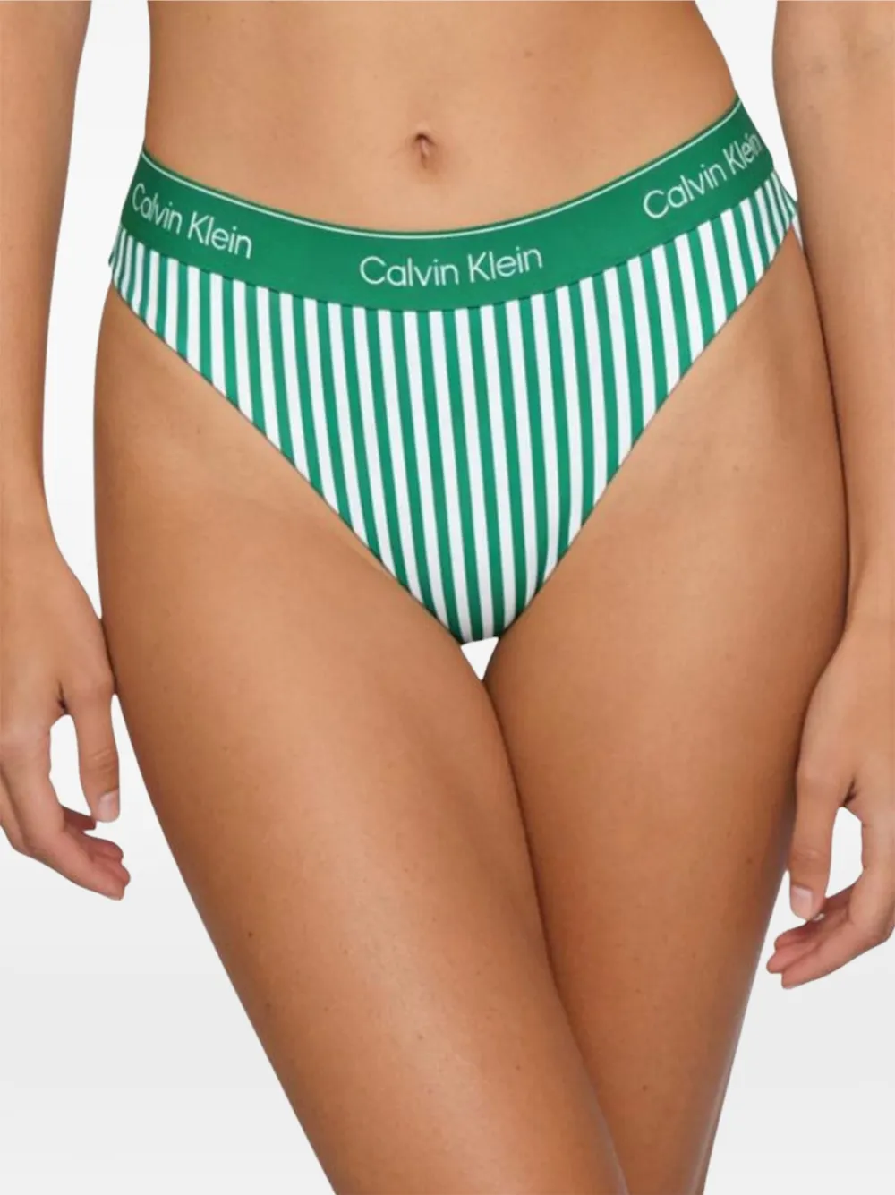 Calvin Klein Jeans Slip bikini CK Icon a righe con fascia in vita logata - Verde