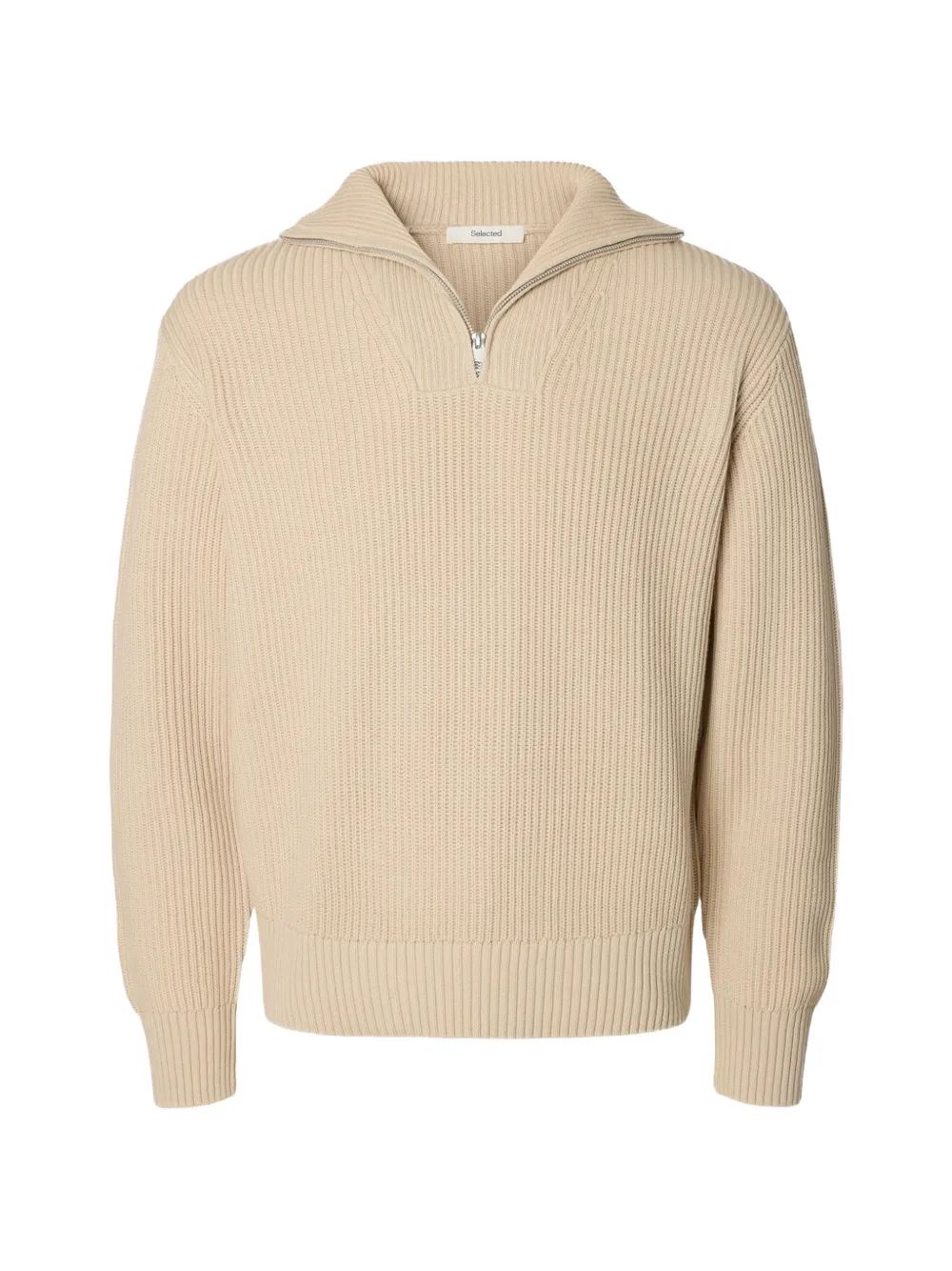 Selected Half-zip Ribbed-knit Sweater In Neutral