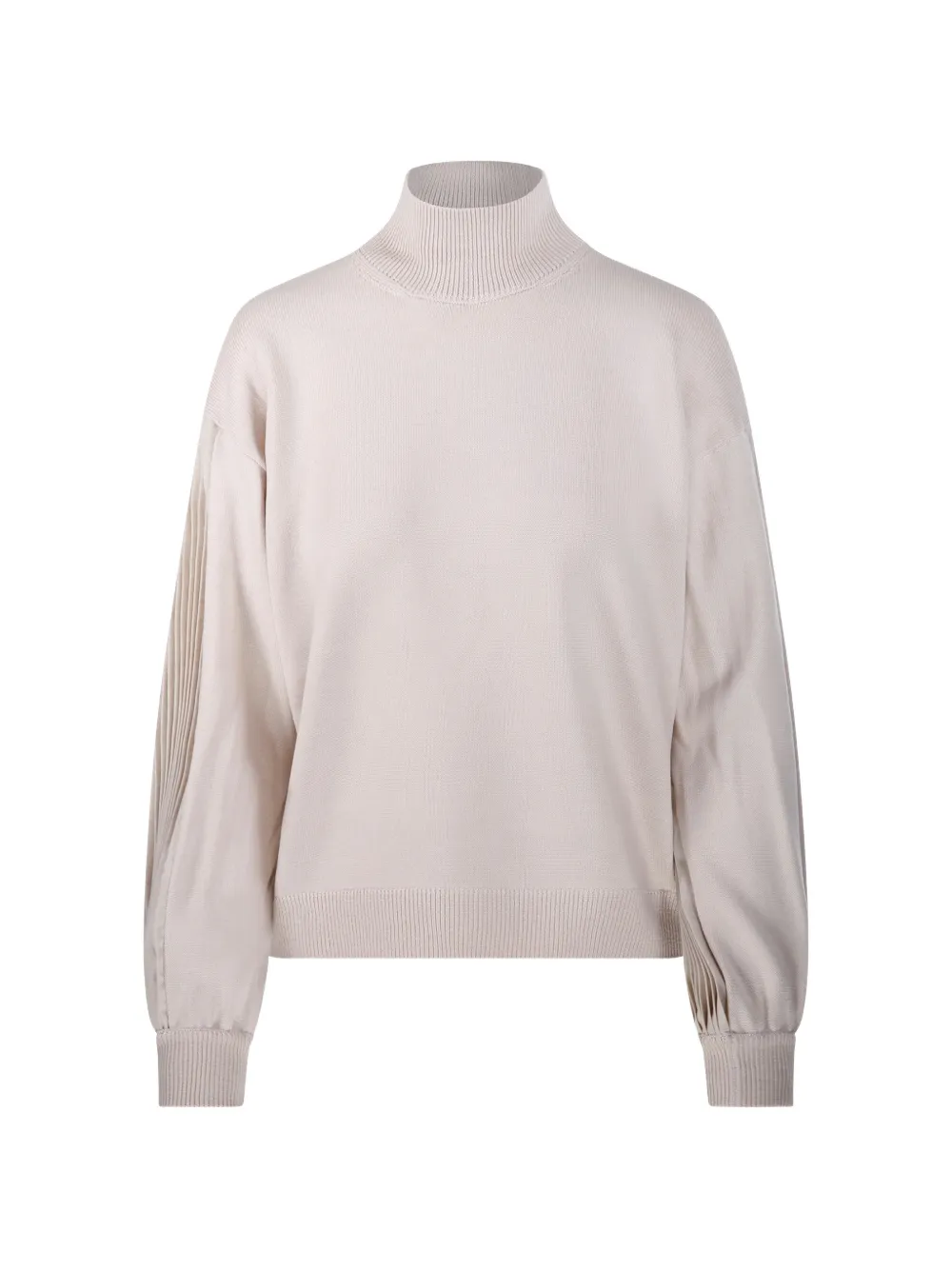 Nude pleated-sleeve high-neck sweater