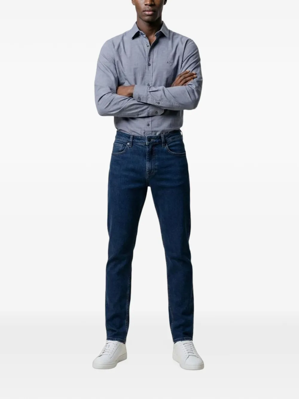 Armani Exchange logo-embroidered long-sleeve shirt Blauw