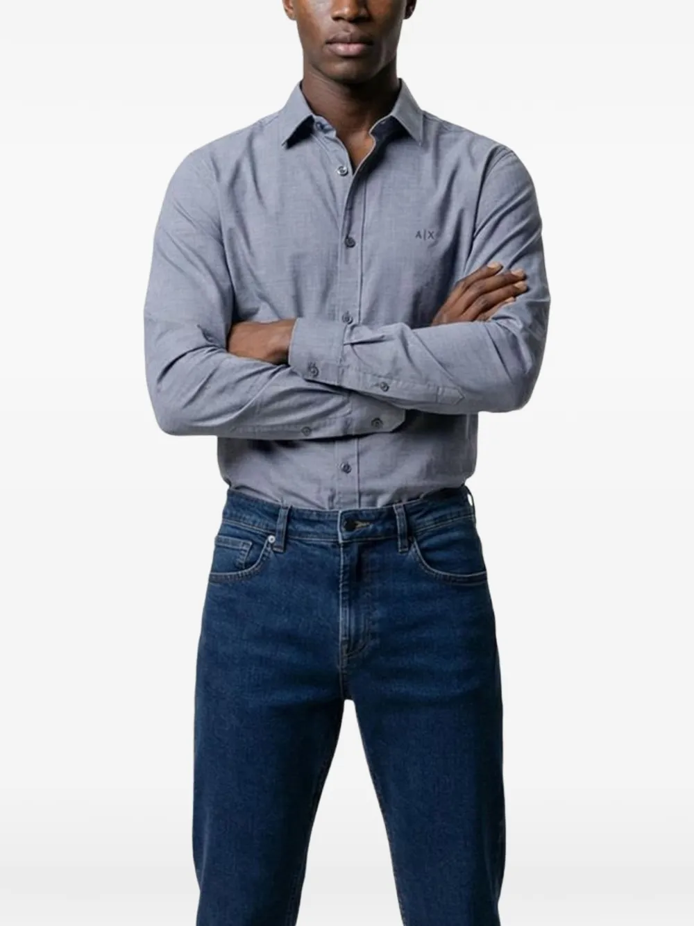 Armani Exchange logo-embroidered long-sleeve shirt Blauw