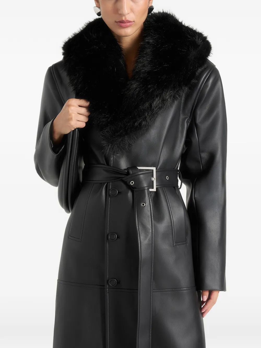 Manière De Voir Cenya in black fur-collar belted leather coat - Nero