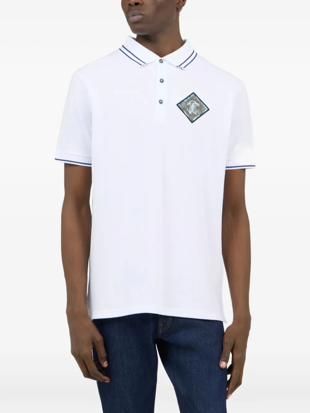 Roberto Cavalli logo-patch striped-trim polo shirt Wit