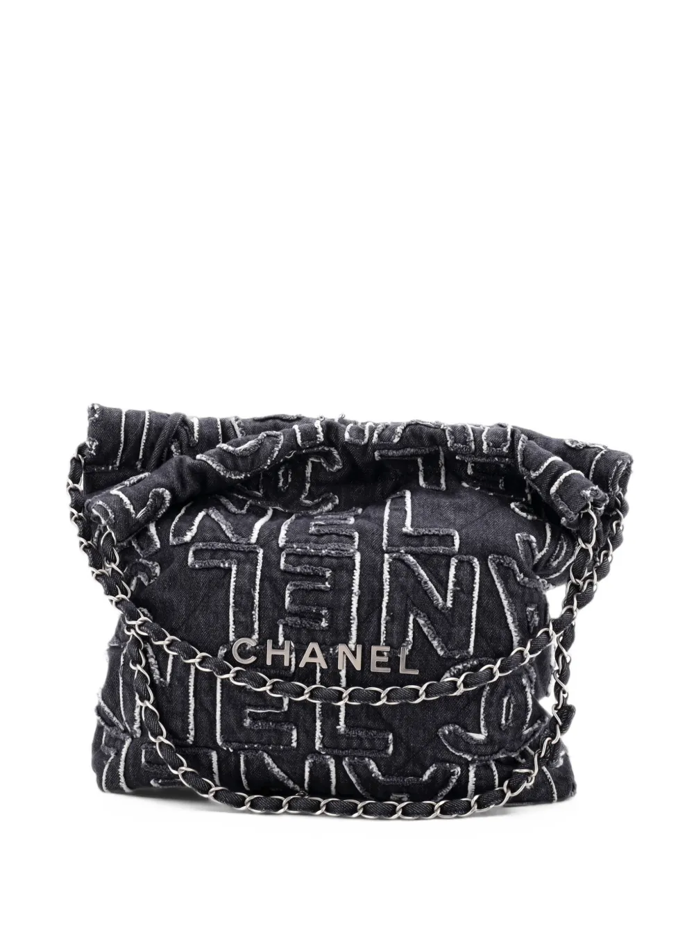 CHANEL Pre-Owned Borsa passepartout 22 piccola in denim trapuntato con frange e catena - Nero