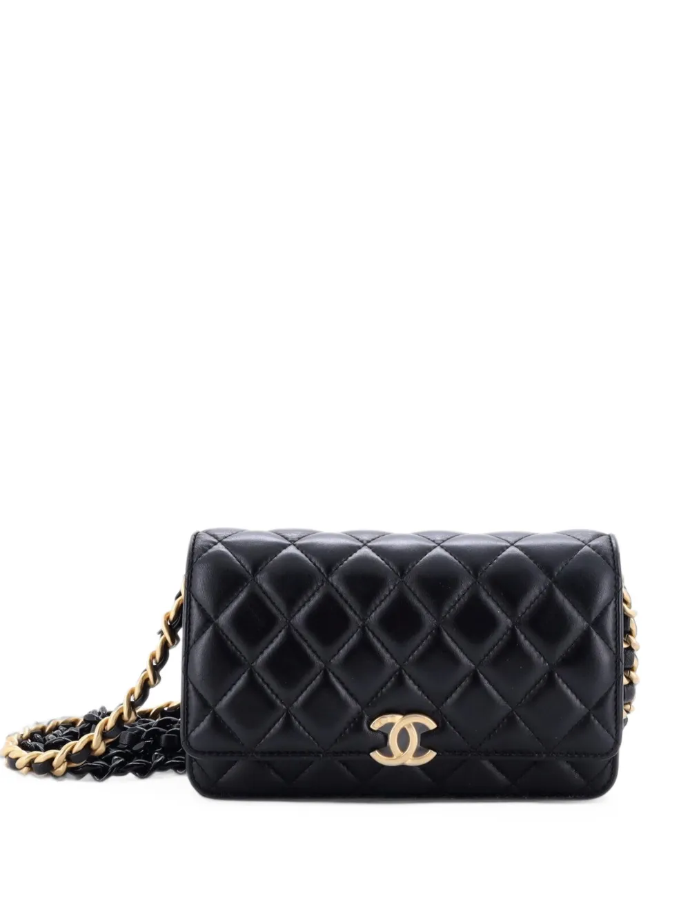 CHANEL Pre-Owned Lacquered Metal CC Wallet on Chain Quilted Lambskin crossbody bag - Black
