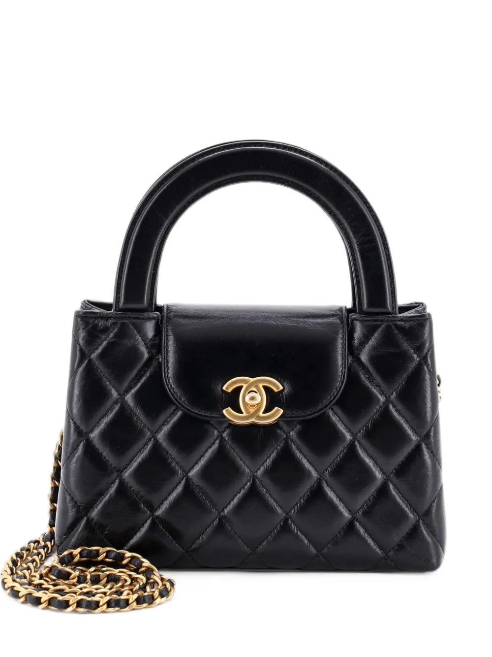 CHANEL Pre-Owned Kelly Top Handle Shopping Bag Quilted Shiny Aged Calfskin Mini satchel - Black