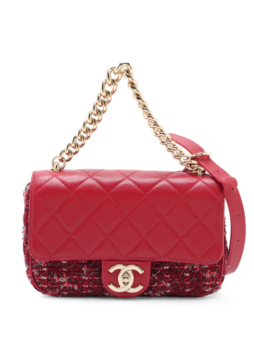 CHANEL Pre-Owned 2017-2018 CC Quilted Lambskin and Tweed Single Flap satchel - Red