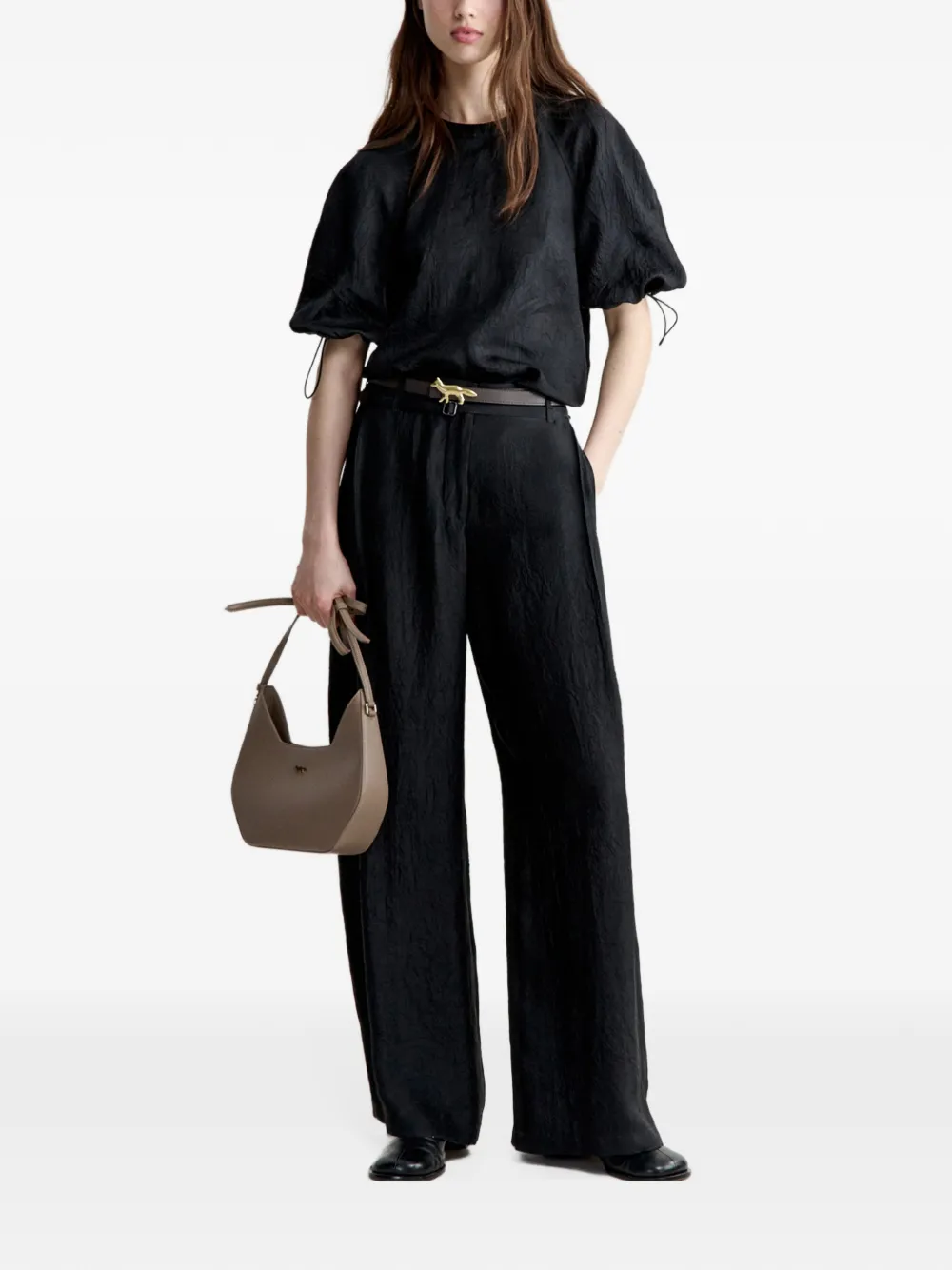 Maison Kitsuné crinkled puff-sleeve top Zwart