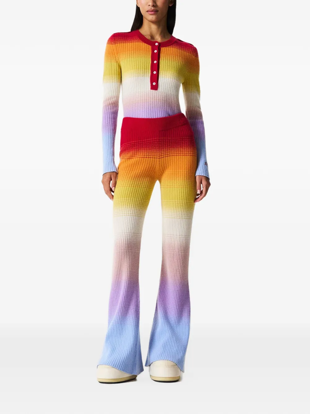 Perfect Moment rainbow-knit flared trousers Rood