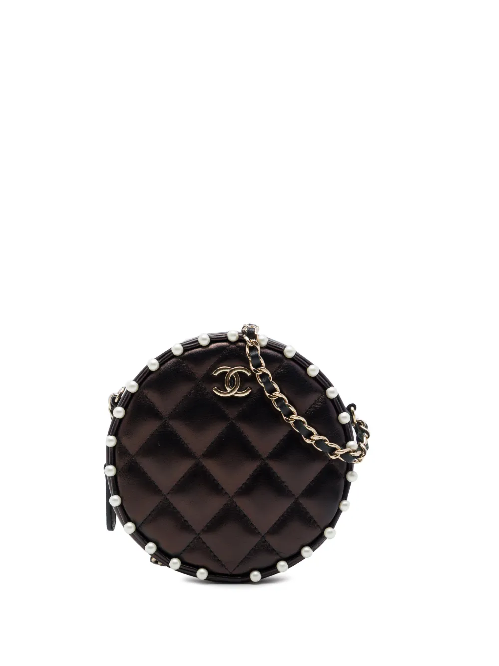 CHANEL Pre-Owned 2019 CC Quilted Metallic Lambskin Pearl Studded Round Clutch with Chain crossbody bag - Brown