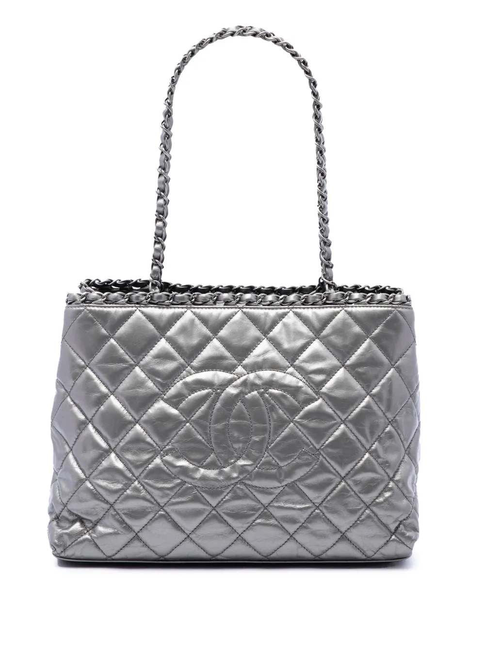 CHANEL Pre-Owned 2012 Small Quilted Metallic Aged Calfskin Chain Me tote bag - Silver