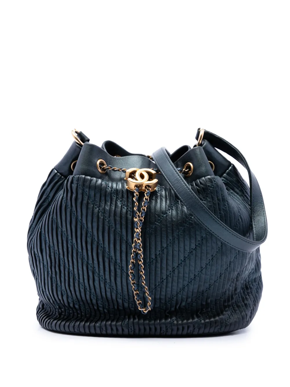 CHANEL Pre-Owned 2018 Small Crumpled Calfskin Coco Pleats Drawstring bucket bag - Blue