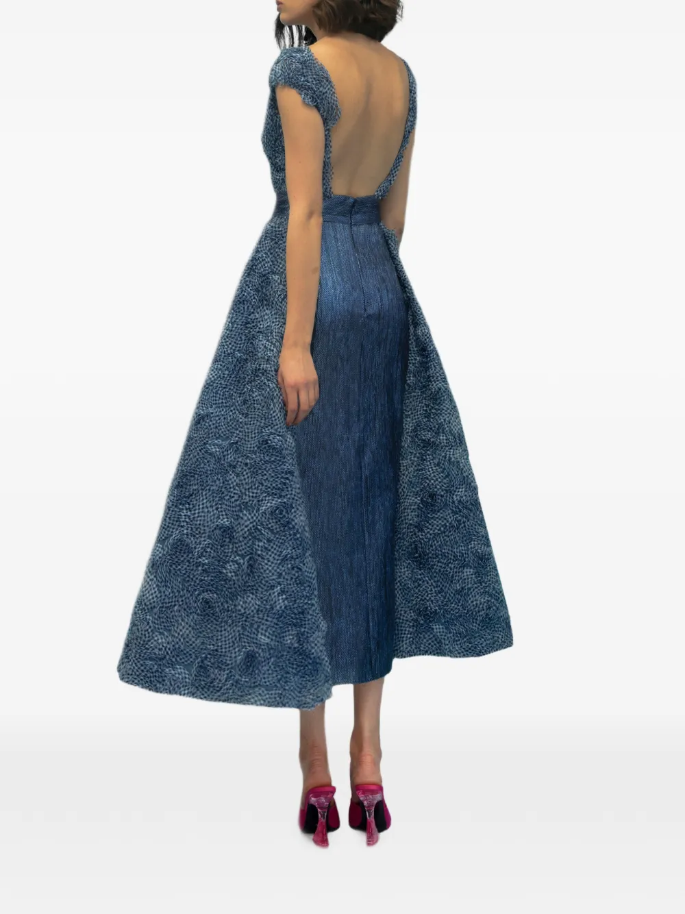Gemy Maalouf Jurk met ginghamruit en bloemapplicatie Blauw