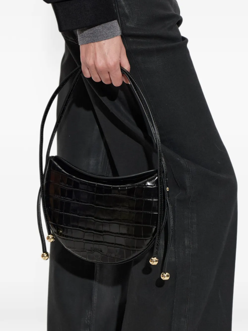 Furla Moonstone Small croc-effect shoulder bag Zwart