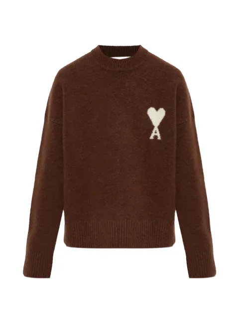 AMI Paris brown crewneck alpaca sweater with Ami de Coeur