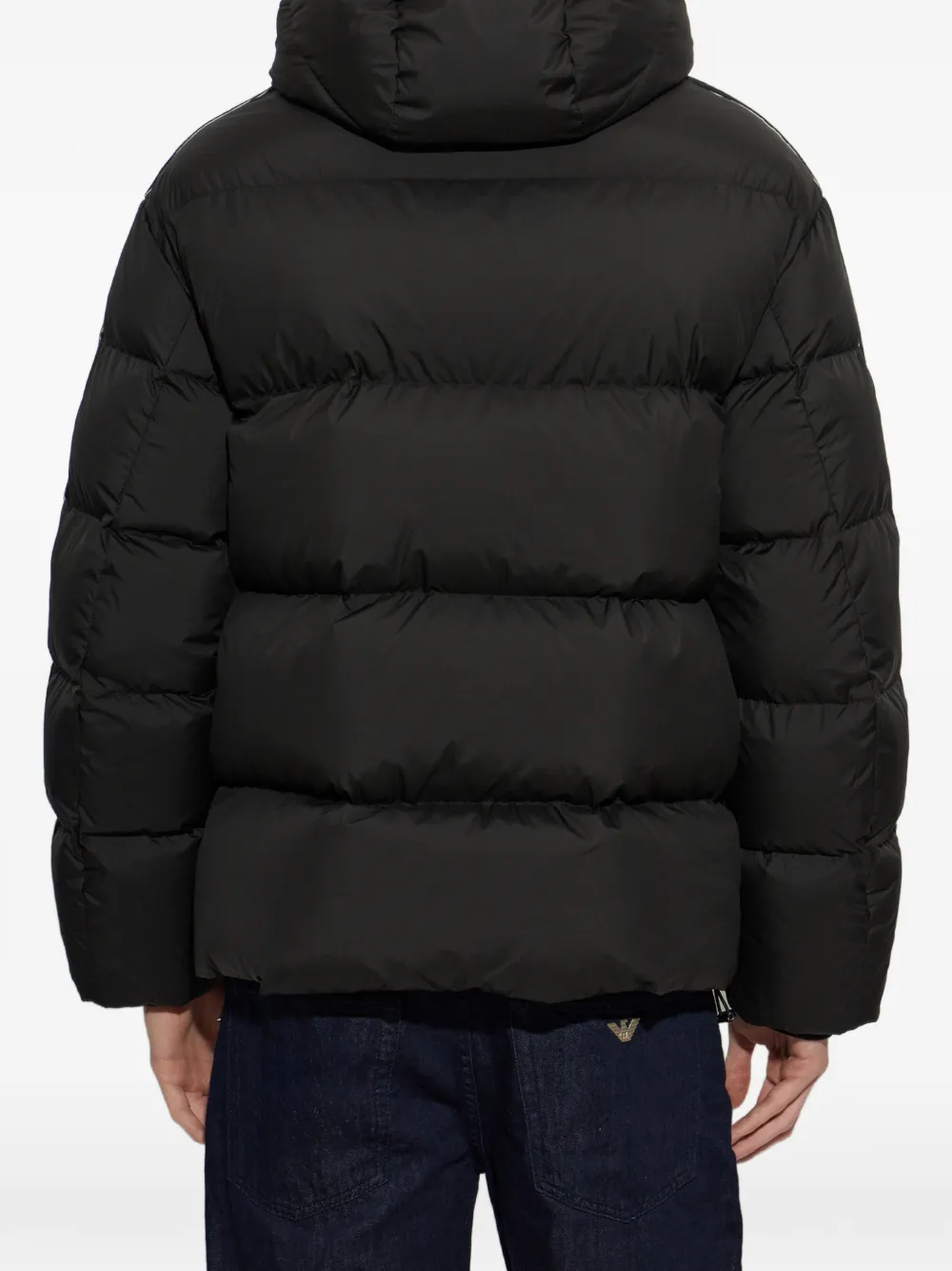 Emporio Armani quilted down jacket with hood and stripes on sleeves Zwart