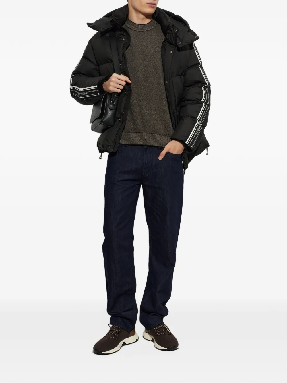 Emporio Armani quilted down jacket with hood and stripes on sleeves Zwart