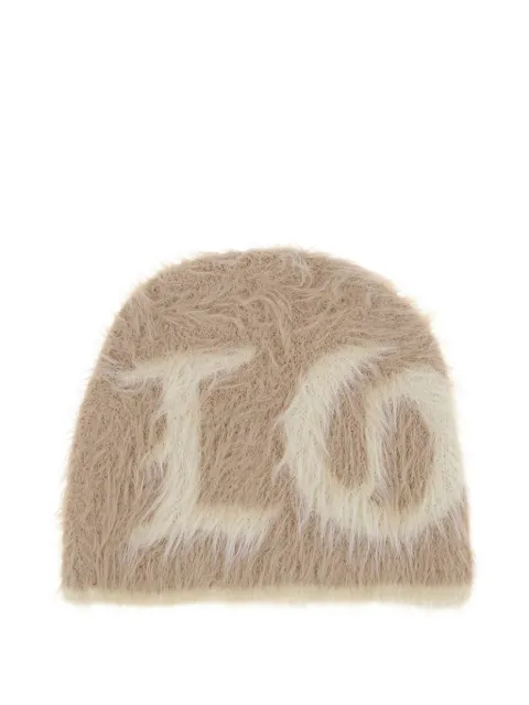 JUN/NAKAYAMA slogan-print faux-fur beanie hat
