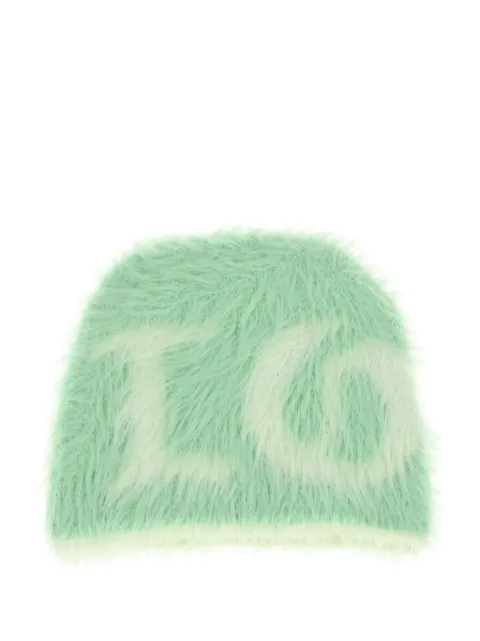 JUN/NAKAYAMA slogan-print faux-fur beanie hat