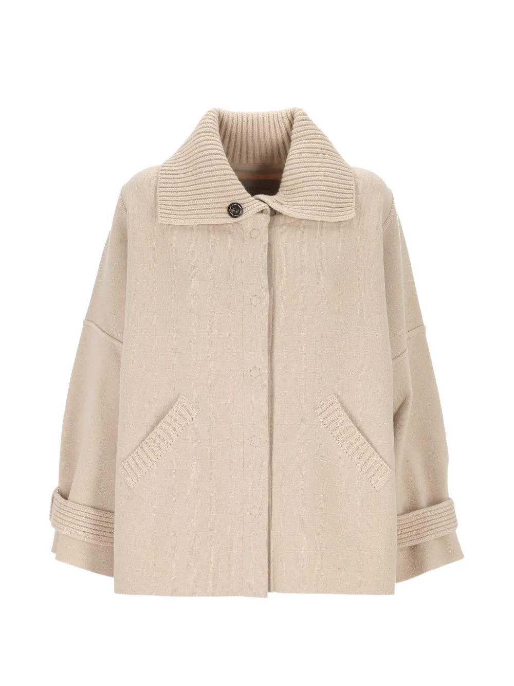 D.Exterior ribbed-knit collar button-up coat Beige