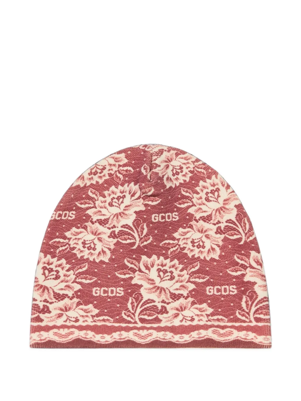 GCDS Gothic floral-print beanie hat Rood