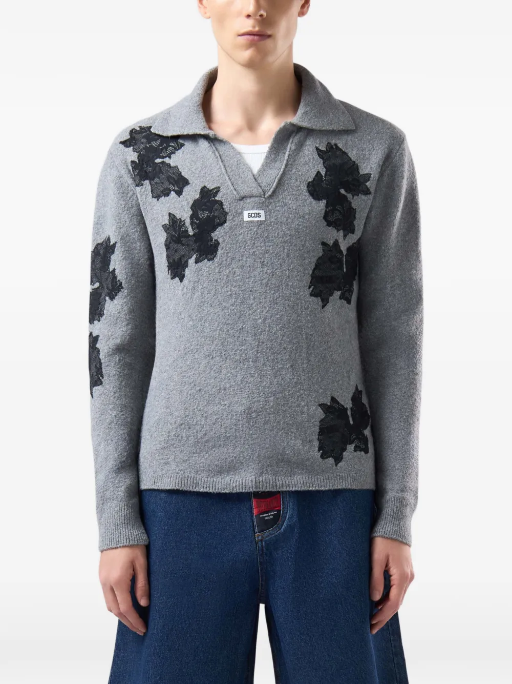 GCDS floral-embroidered wool sweater Grijs