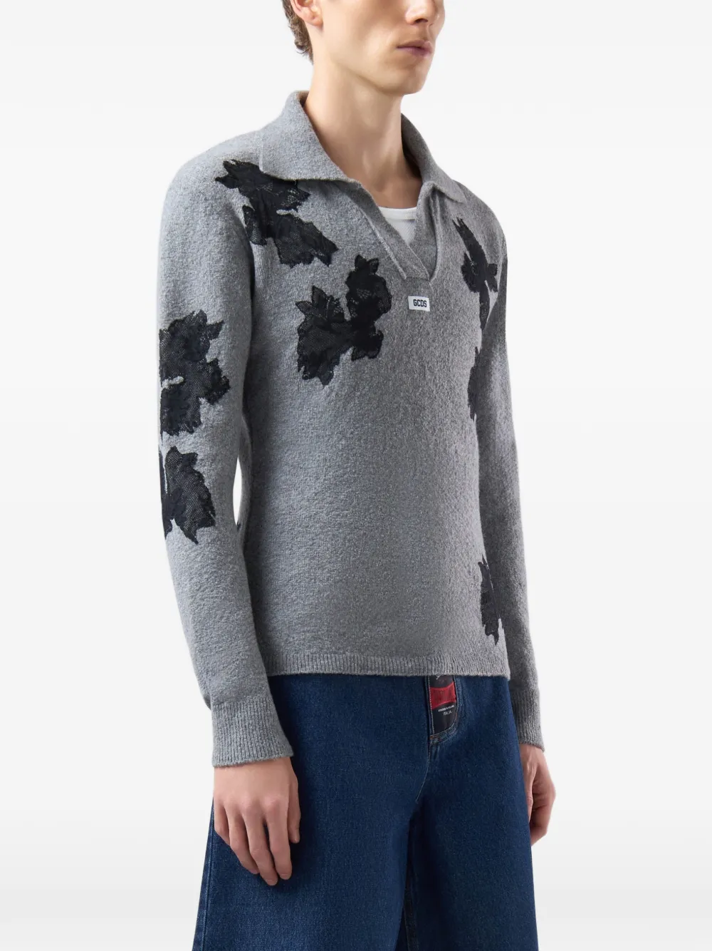 GCDS floral-embroidered wool sweater Grijs