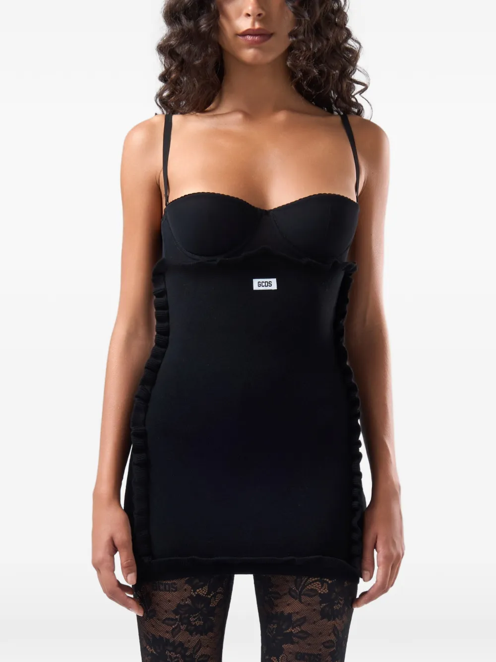 GCDS Medusa ruffle-trimmed mini dress Zwart