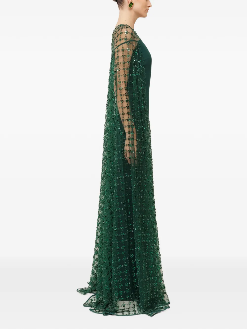 NISSA sequin tulle cape maxi dress Groen