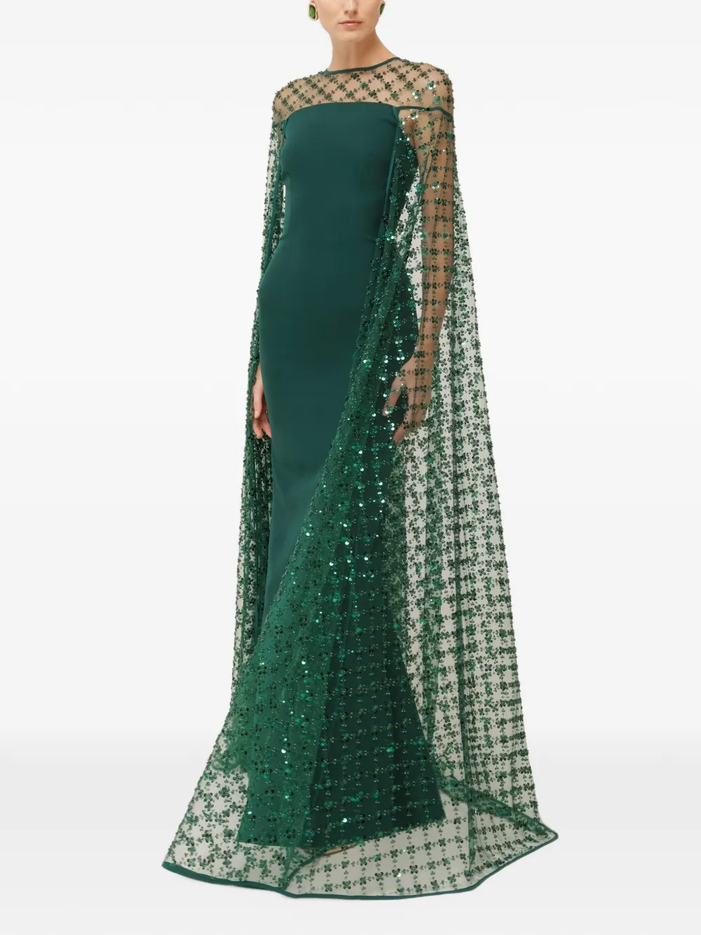 NISSA sequin tulle cape maxi dress Groen