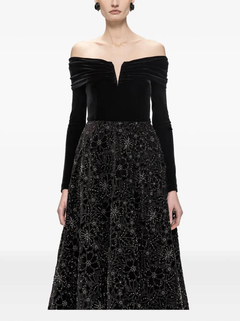 NISSA embroidered velvet midi dress - Schwarz