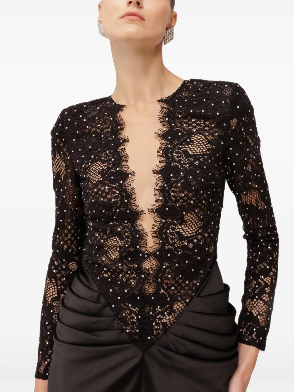 NISSA crystal-embellished lace satin maxi dress Zwart