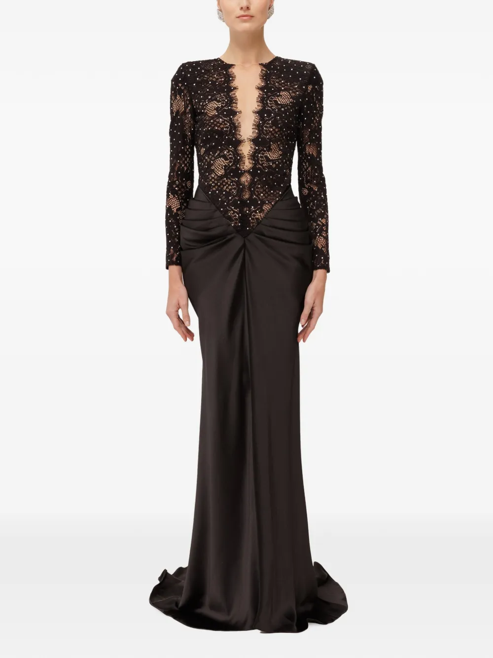 NISSA crystal-embellished lace satin maxi dress Zwart