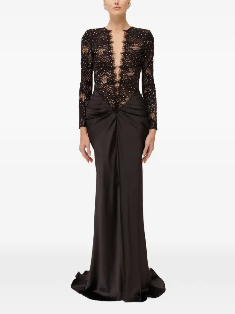 NISSA crystal-embellished lace satin maxi dress