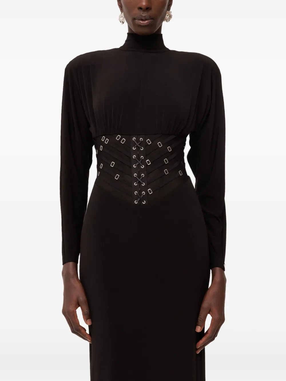 NISSA Tulle corset-detail maxi dress Zwart