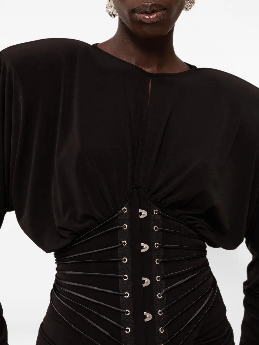 NISSA lace-up ruched dress Zwart