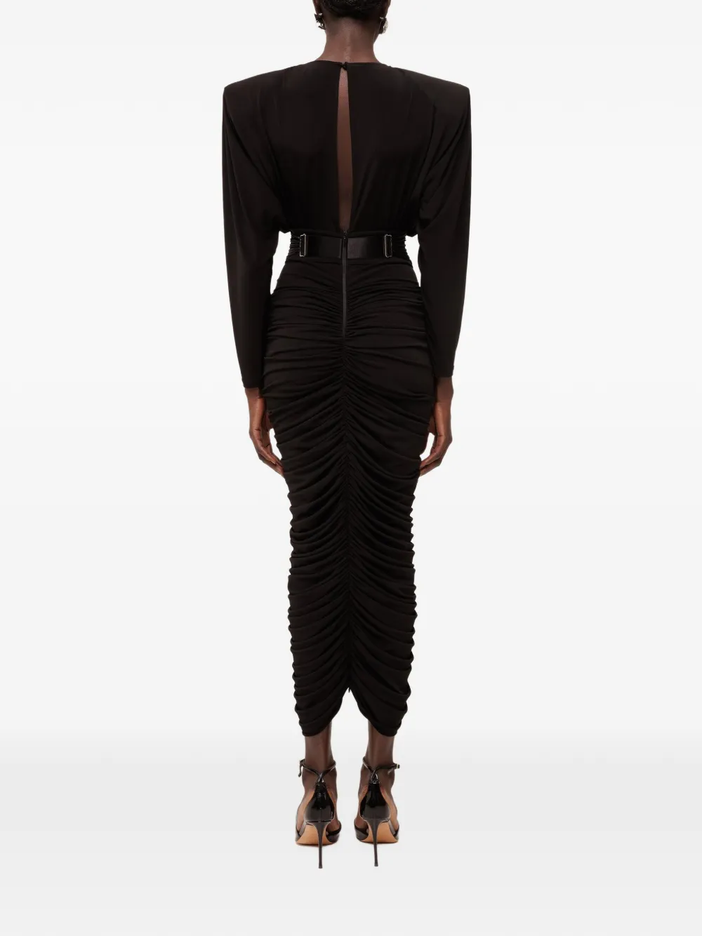 NISSA lace-up ruched dress Zwart