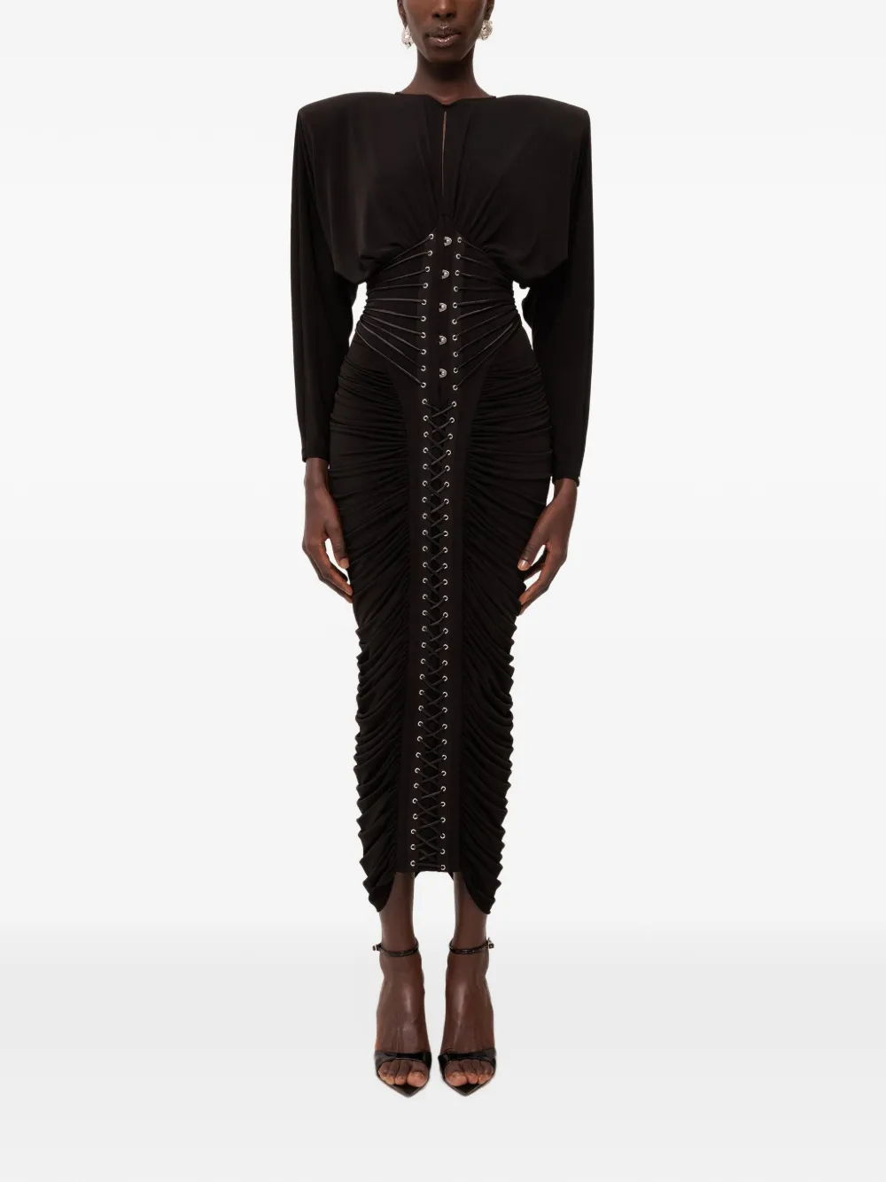 NISSA lace-up ruched dress Zwart