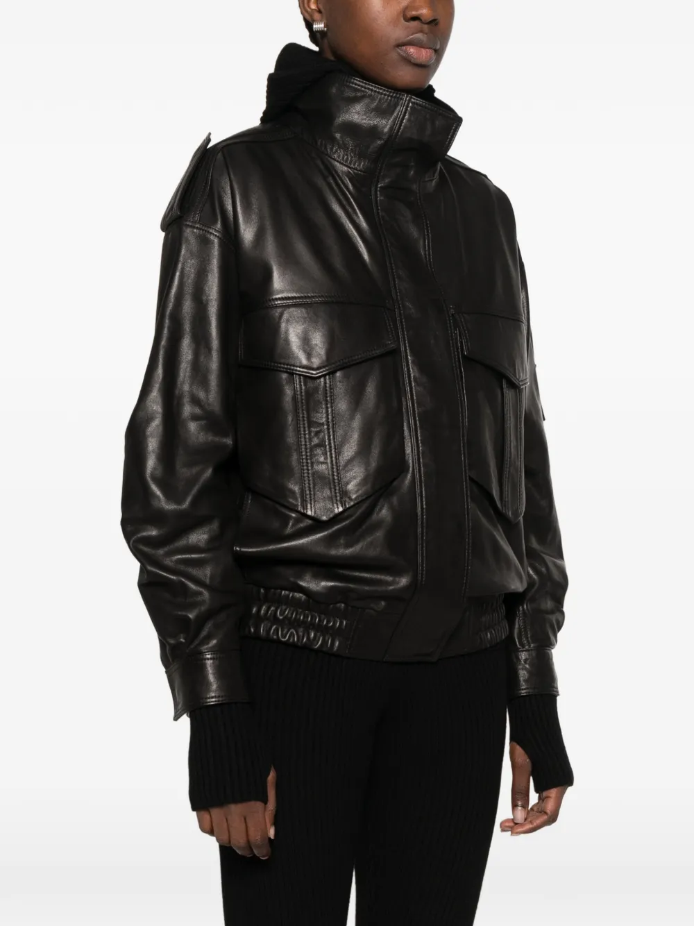 The Frankie Shop Napa multi-pocket leather jacket Zwart