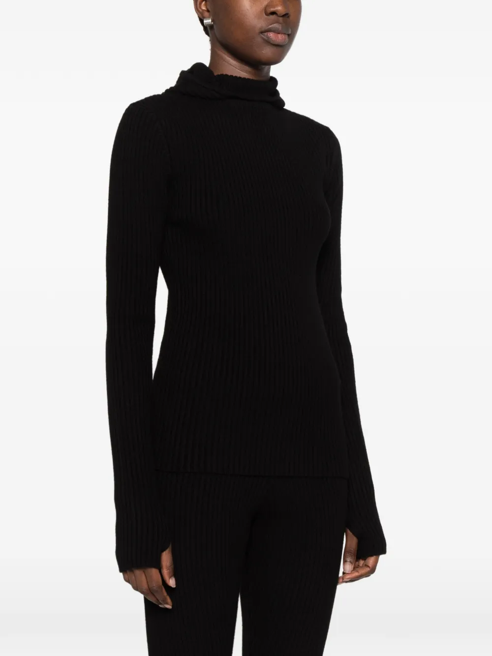 The Frankie Shop Larice hooded ribbed-knit sweater Zwart