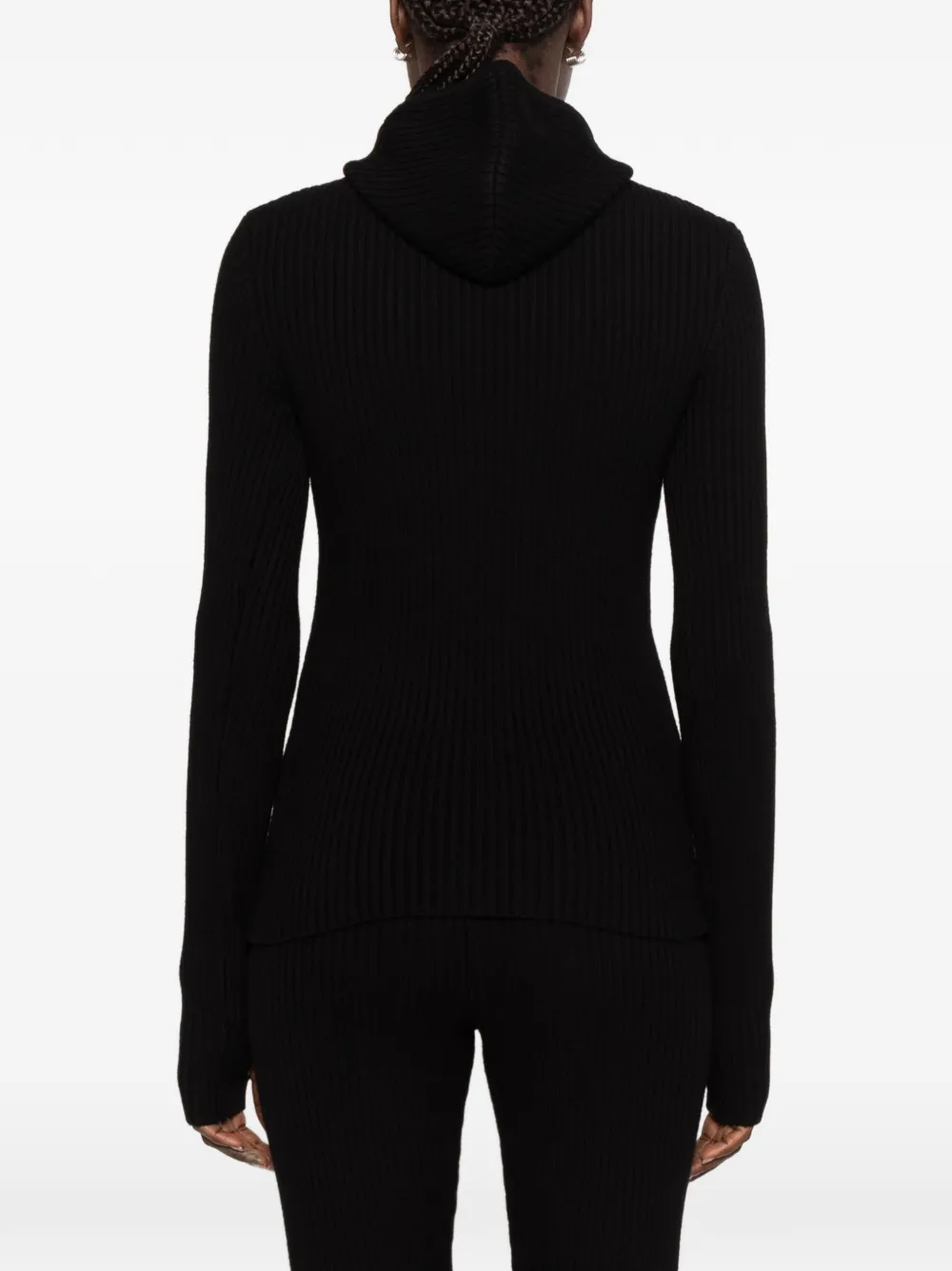 The Frankie Shop Larice hooded ribbed-knit sweater Zwart