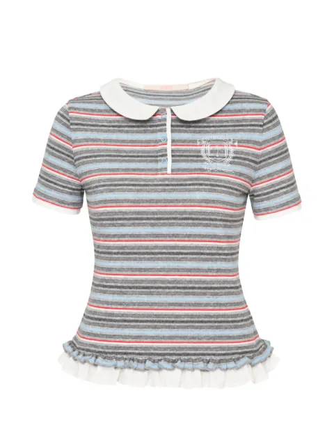 SULTRY VIRGIN Curfew stripe-knit ruffled polo shirt
